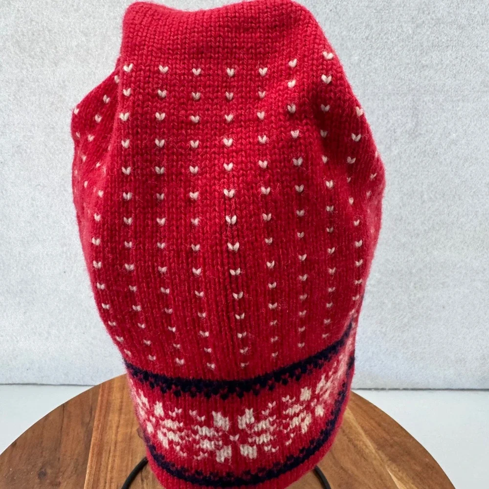 VTG CB Red 100% Wool Knit Hat Snowflake Heart Nordic Winter Toque Beanie
